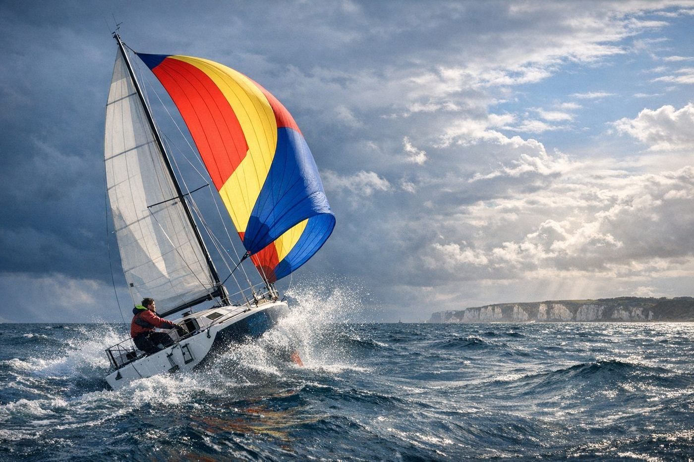 Voilier de course au large sous spinnaker au large des falaises normandes